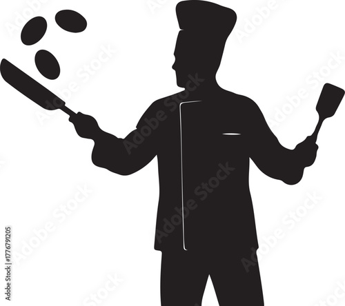Silhouette of a chef flipping food in a frying pan with a spatula Keywords: chef, silhouette, cooking, food, frying pan, spatula, kitchen, restaurant, culinary, on transparent background