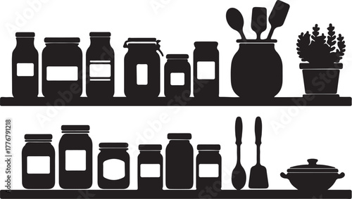 Silhouette of kitchen shelves filled with jars, utensils, and a pot Keywords: kitchen, shelves, silhouette, jars, bottles, containers, lids, labels, utensils, spoons, on transparent background