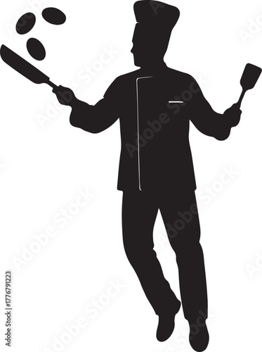 Silhouette of a chef energetically flipping pancakes with two spatulas cooking on transparent background