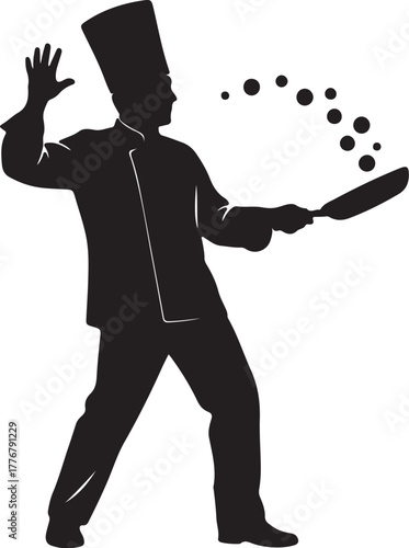 Silhouette of a chef tossing food from a pan with a surprised expression cooking on transparent background