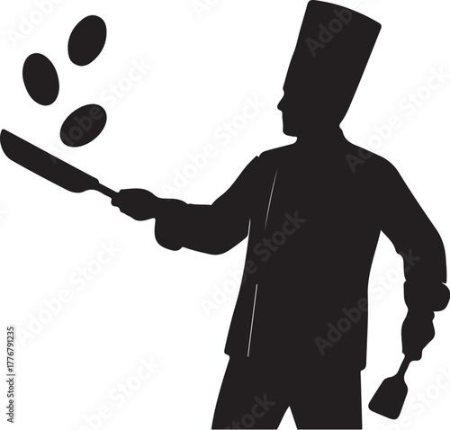 Silhouette of a chef flipping pancakes in a pan with a spatula cooking on transparent background