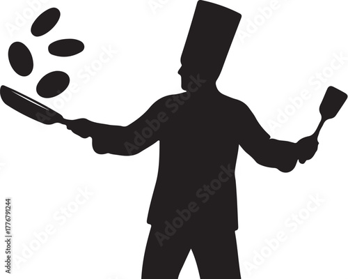 Silhouette of a chef flipping pancakes in a pan with a spatula cooking on transparent background