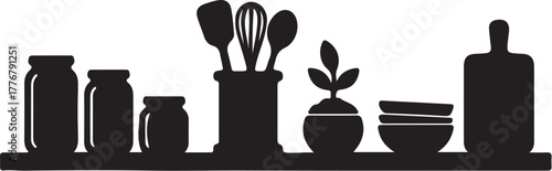 Silhouette of kitchen utensils and jars on a shelf cooking on transparent background
