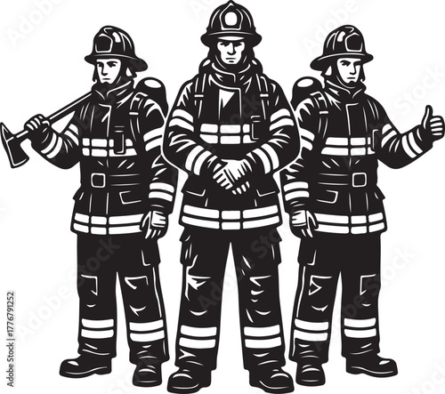 Brave firefighters silhouette standing together ready for duty prepared for action heroic responders in full gear professional safety personnel courageous service public safety