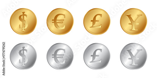 shiny gold and silver dollar euro pound yen coins money set of 8 vector on transparent background