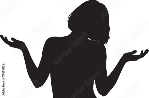 Silhouette of a woman shrugging expressing doubt uncertainty or questioning with arms raised in front view on