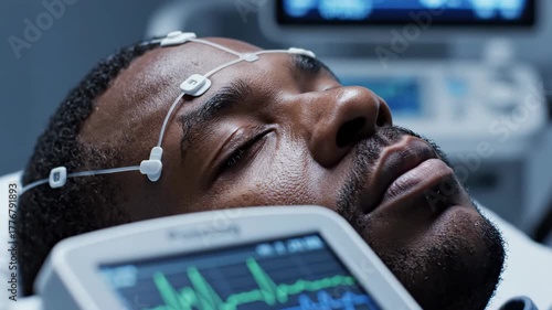 Closeup of man undergoing brain monitoring in hospital setting