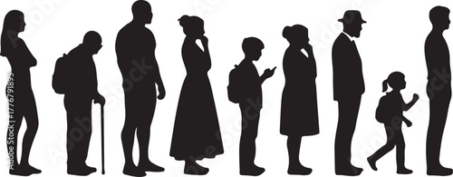 Diverse group of silhouettes representing different ages genders and styles in a linear arrangement showcasing humanity's spectrum from youth to elder