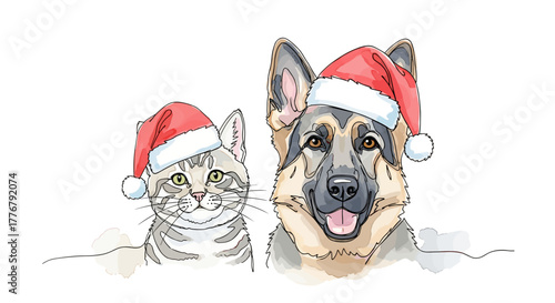 Doodle German Shepherd and Cat in Santa Hats, ideal for pet store logo, holiday greeting card print, and festive animal design — One Line Art Minimalist Watercolor Vector on White Background
