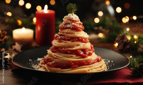 Spaghetti pasta forming a christmas tree shape served with tomato sauce, cheese, and festive holiday decorations