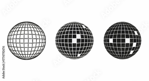 Three variations of graphic disco balls bring retro party vibes, perfect for a fun event or nostalgic design project that needs a touch of vintage flair