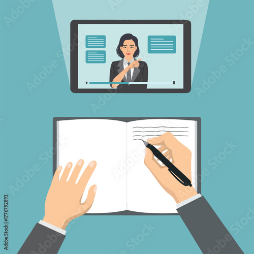 Online learning concept with female tutor and student notes