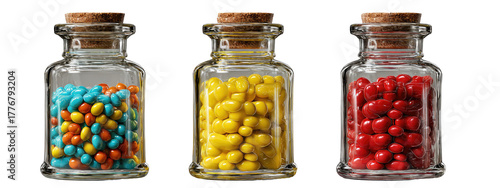 Three glass jars filled with colorful small candies
