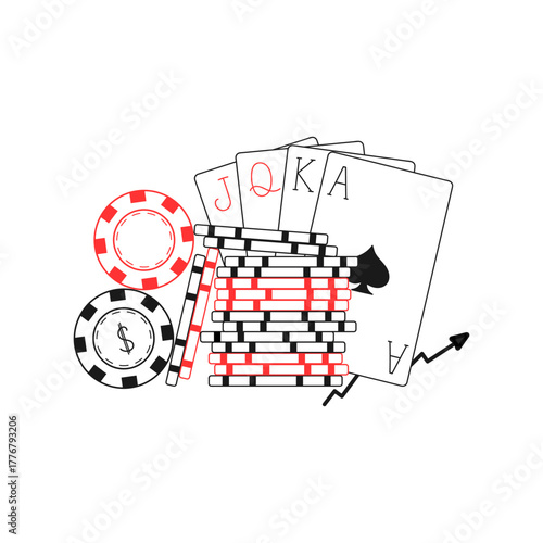 Poker Royal Flush and casino chips. Winning gambling concept. Vector illustration. Casino promotions, poker tournaments, gambling strategies, financial risk concepts.