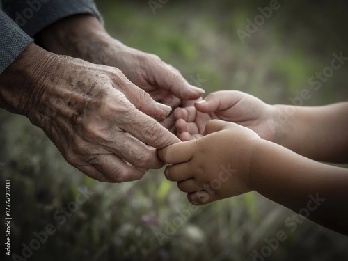 Connection between generations illustrated through an elderly hand and a child's hand reaching out for each other