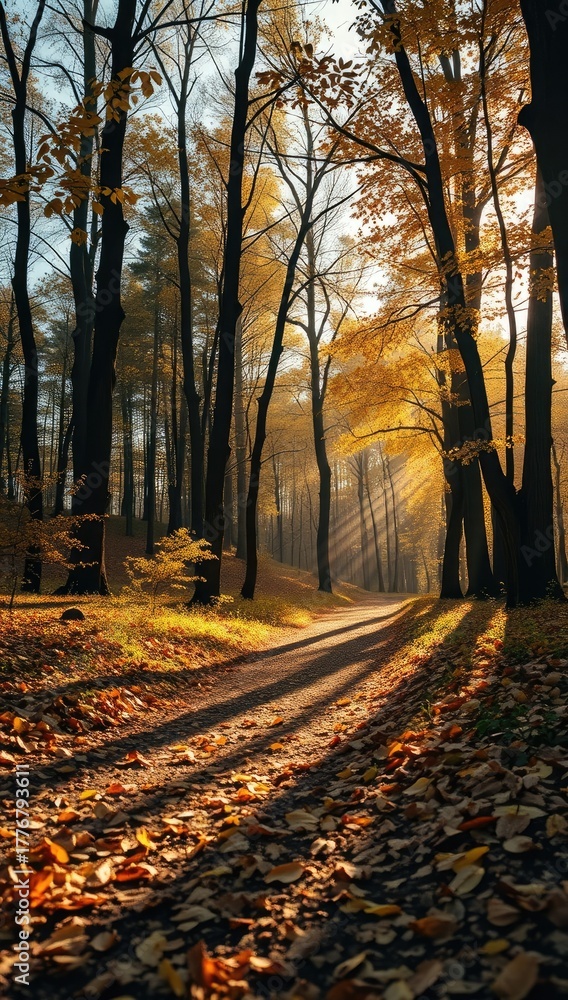 Fototapeta premium Forest path in autumn with light filtering through bare trees casting shadows on leafcovered ground