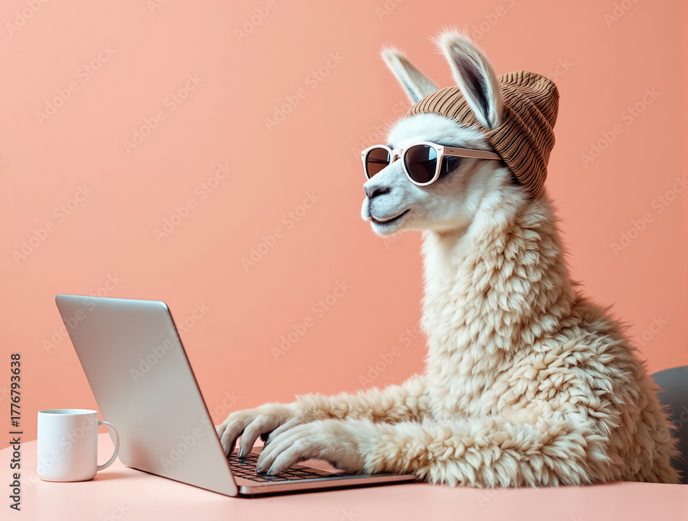 Obraz premium Llama wearing sunglasses and a beanie typing on a laptop with a coffee mug