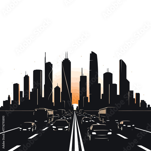 Vector illustration cityscape silhouette with highway traffic leading to the city at sunset