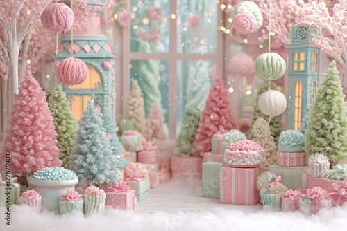 Winter scene featuring pastel fir trees, candy pink and mint decorations, and festive gifts creating a sweet holiday ambiance with copy space for text