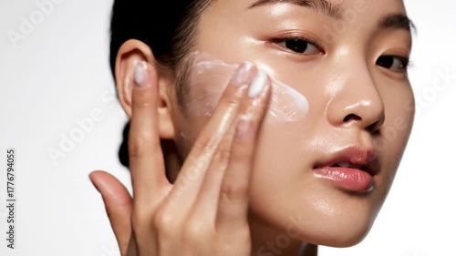 Young woman applying skincare product on her face in a minimalistic setting with soft lighting