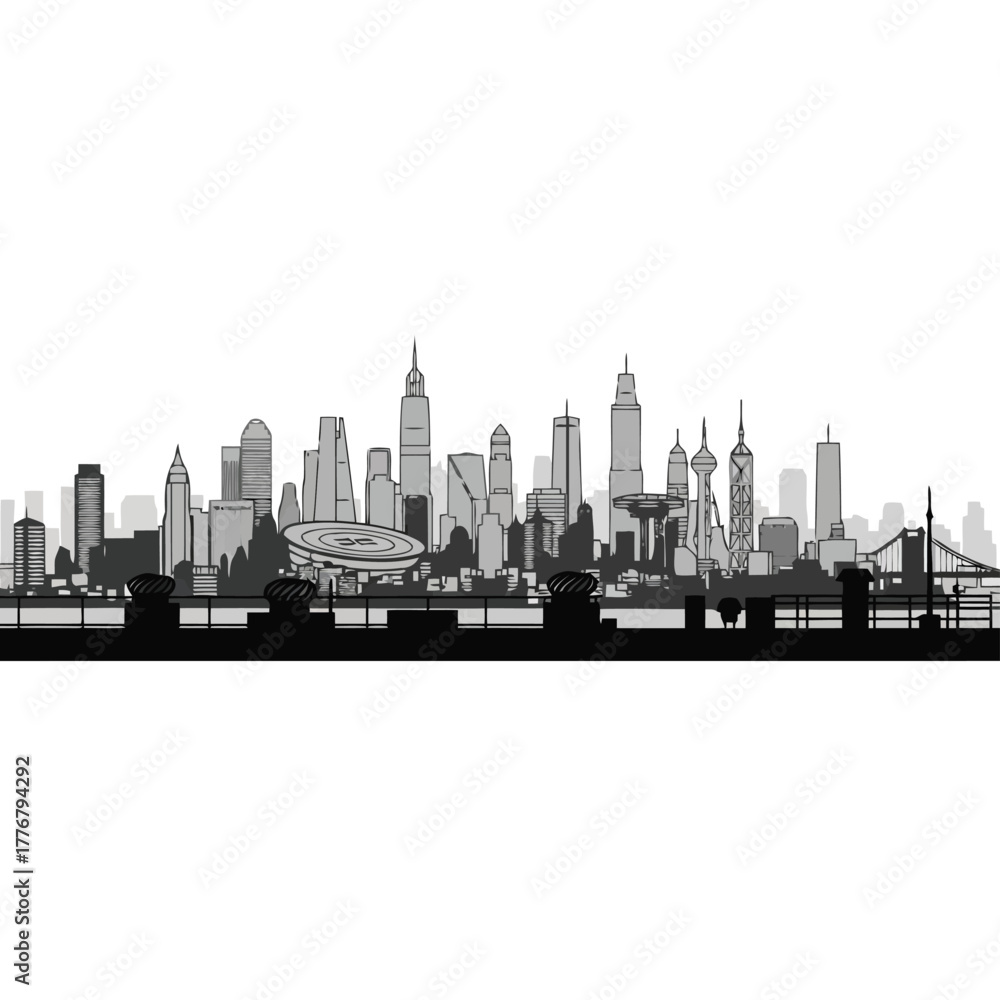Naklejka premium Vector illustration black and white silhouette of the shanghai skyline