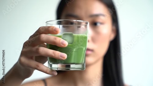 Young woman holding a glass of green beverage with ice cubes, gazing thoughtfully at it indoors