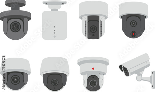 Security camera vector set, eight surveillance devices, dome, bullet, turret styles, infrared and wireless features, front view, flat illustration