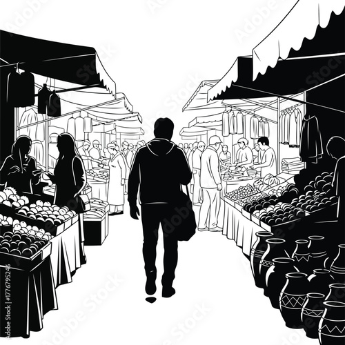 Vector illustration man walking through a busy market