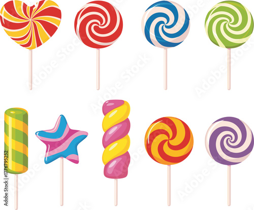 Lollipop vector set, colorful candy collection, swirl, heart, star, twisted shapes, sweet treat icons, front view, flat illustration
