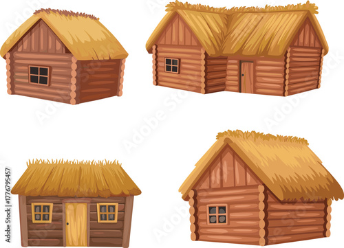 Wooden house vector set, four rustic buildings, thatched roof styles, log construction, traditional shelter design, front view, flat illustration