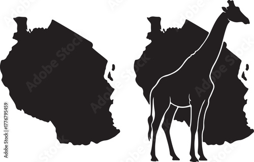 Iconic silhouette of tanzania map outline featuring a graceful giraffe wildlife animal symbolizing african safari adventure