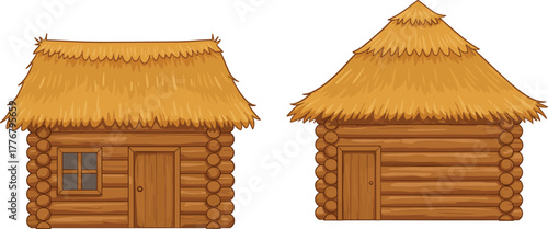 Rustic wooden hut vector set, thatched roof styles, log construction, tropical shelter design, front view, traditional architecture, flat illustration