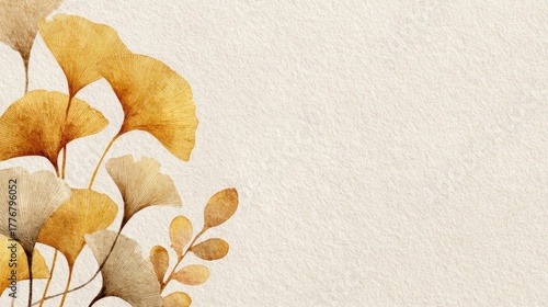 A soft, textured background features elegant ginkgo leaves in warm gold tones, creating a serene and artistic atmosphere.