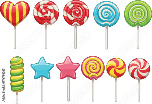 Lollipop vector set, colorful candy collection, swirl, heart, star shapes, sweet treat icons, front view, flat illustration