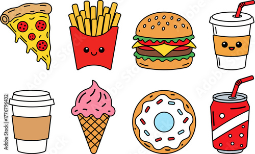 Cute fast food doodle vector illustration set featuring pizza, burger, french fries, soda, coffee cup, donut, and ice cream icons on white background for cartoon design and kids menu decoration
