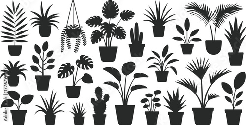 Potted plant silhouette collection, 24 botanical icons, hanging and tabletop styles, diverse foliage shapes, black vector grid, flat illustration