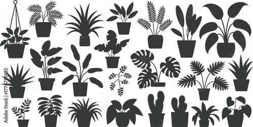 Potted plant silhouette set, 25 botanical icons, hanging and tabletop styles, diverse leaf shapes, black vector grid, flat illustration