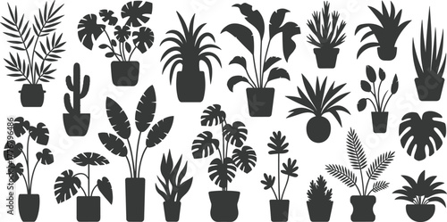 Potted plant silhouette set, diverse foliage shapes, indoor botanical icons, black vector grid layout, decorative nature elements, flat illustration