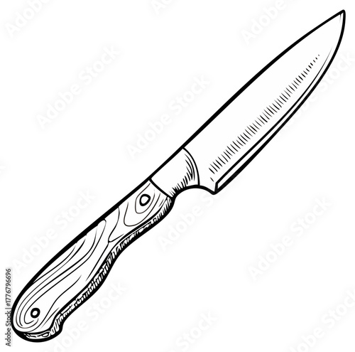 Detailed black and white line art illustration of a professional chef's kitchen knife with wooden handle