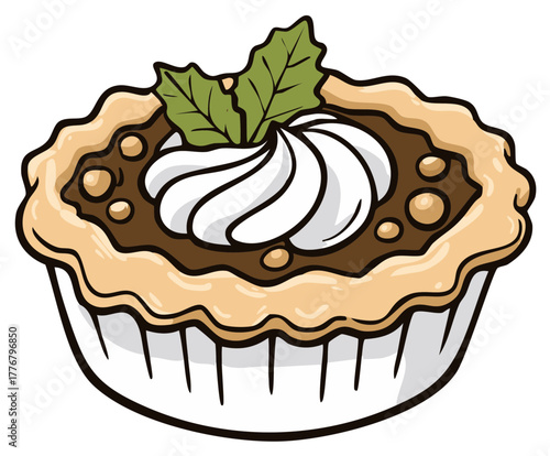 Festive Christmas mince tart with whipped cream and a holly leaf garnish vector illustration