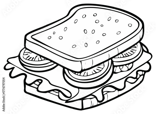 Black and white cartoon sandwich with tomato, lettuce, and bread, side view.