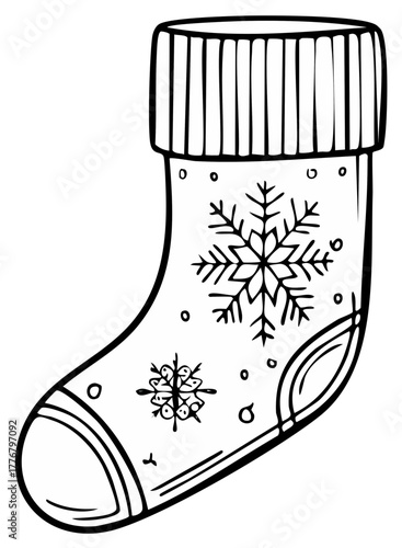 Winter Holiday Christmas Stocking Illustration, Snowflake Motif, Doodle Style
