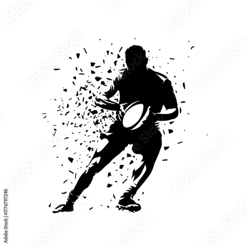 Rugby player running and holding ball in hands, abstract isolated vector silhouette. Team sport athlete, ink drawing