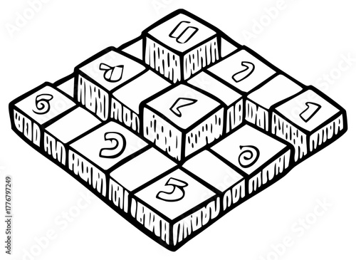 Abstract illustration of a pyramid made of blocks with symbols and numbers