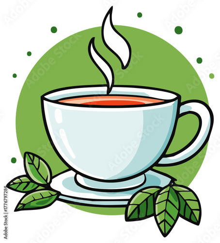 Cartoon illustration of a cup of tea with leaves and steam on green background.