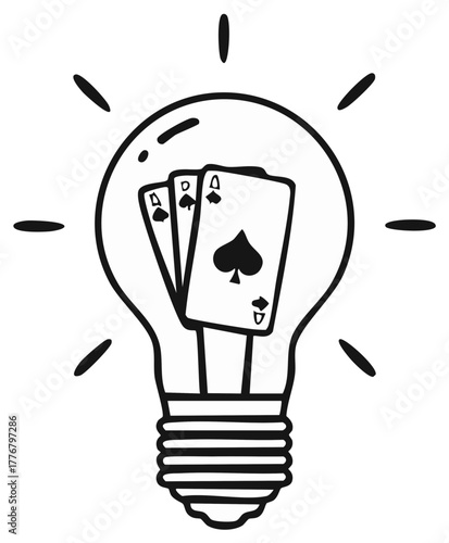 Hand drawn light bulb with three aces playing cards symbolizing a winning idea