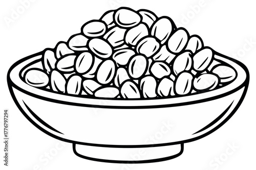 Bowl of Coffee Beans Black and White Illustration, Roasted Coffee Seeds in Container, Food and Beverage Ingredient