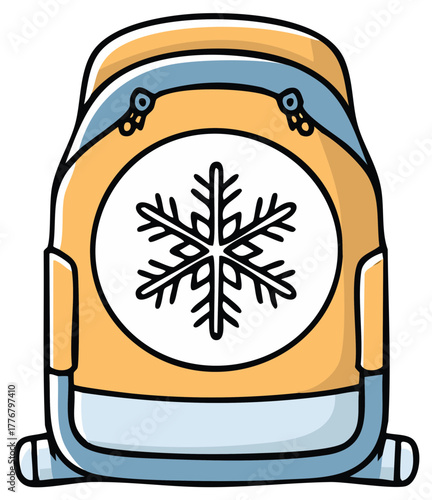 Cartoon winter rucksack featuring snowflake icon. Simple illustration of yellow sports backpack with symbol for holiday trip.