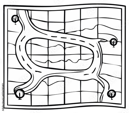 Map With Roads Rivers and Compass Rose Black and White Line Art