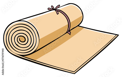 Rolled beige yoga mat tied with a purple ribbon for portable exercise and relaxation